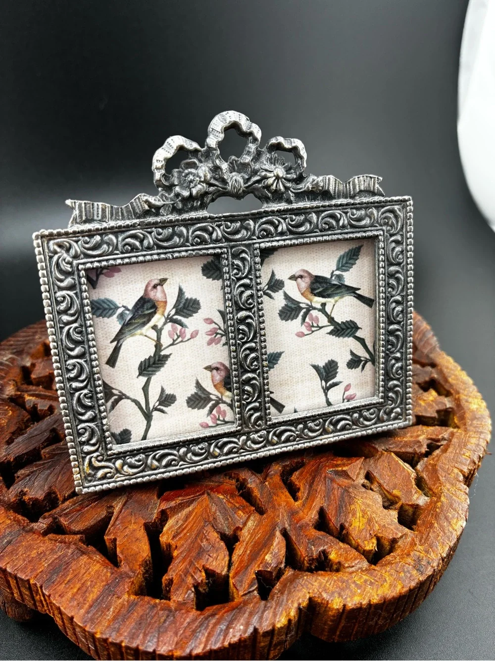 Ornate pewter Double Photo Frame with floral bow on top